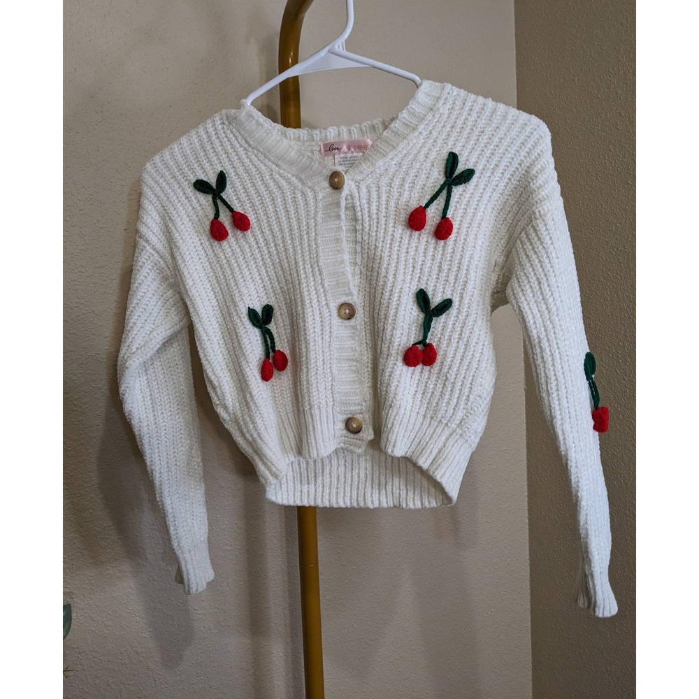 Girls Chenille Cherry Pom Pom Cardigan Sweater Size S 7/8
